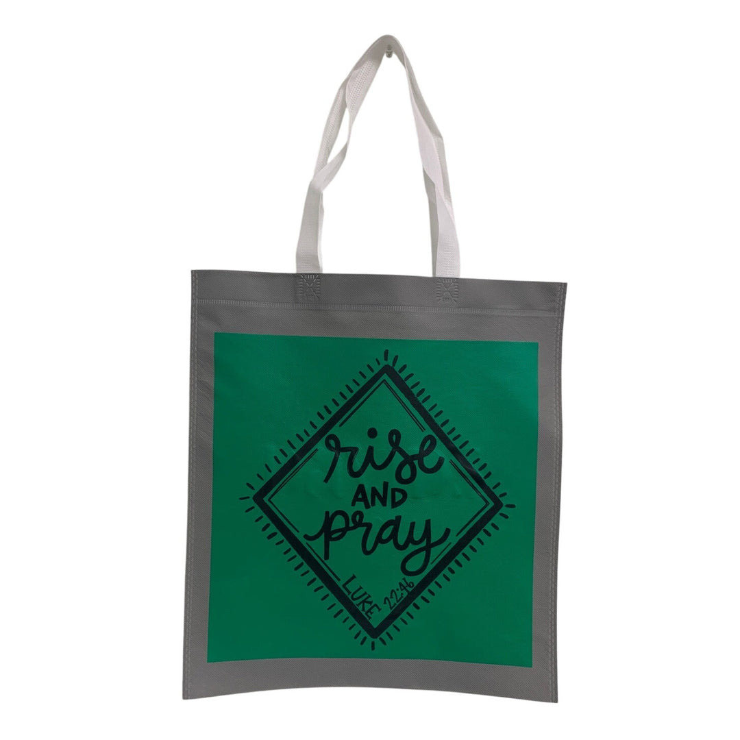 New Upcycled Hand Printed Rise and Pray Luke 22:46 Bible Quote Shopper Tote Bag