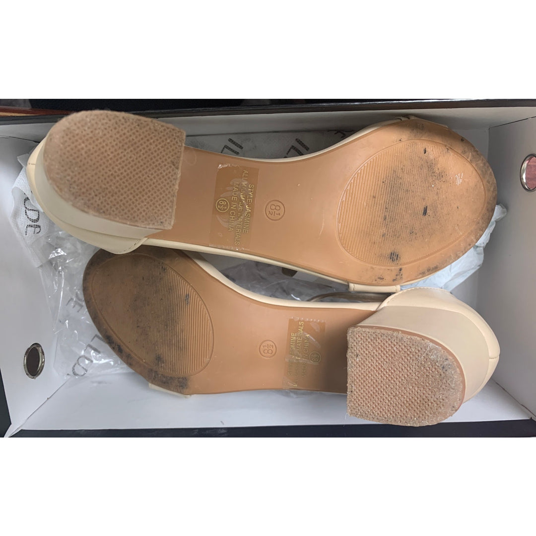 ILLUDE Womes 8.5 Nude Tan Open Toe Ankle Strap Low Block Chunky Heels Sandals
