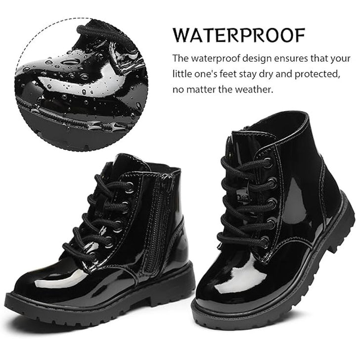 Girls Size 10 Black Patent Leather Lace Up Size Zip Ankle Combat Dressy Boots