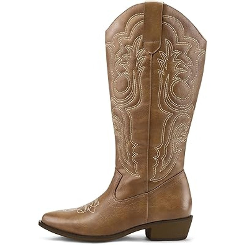 Mysoft Womens 8W 8 Wide Brown Embroidered 1.5" Chunky Heel Cowboy Western Boots