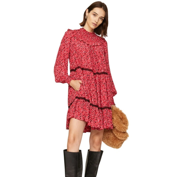 Scotch &amp; Soda Womens XL Red Floral Crepe Long Sleeve Smocked Cottage Shift Dress