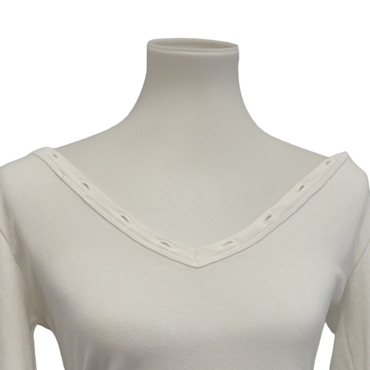 Passion Womens Small White Viscose Spandex Long Sleeve Lace Up V Neck Top