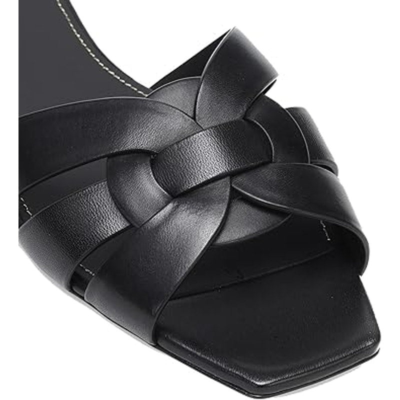Theshy Womens Size 8.5 Black Faux Leather Open Toe Slide On Flat Sandal Shoes