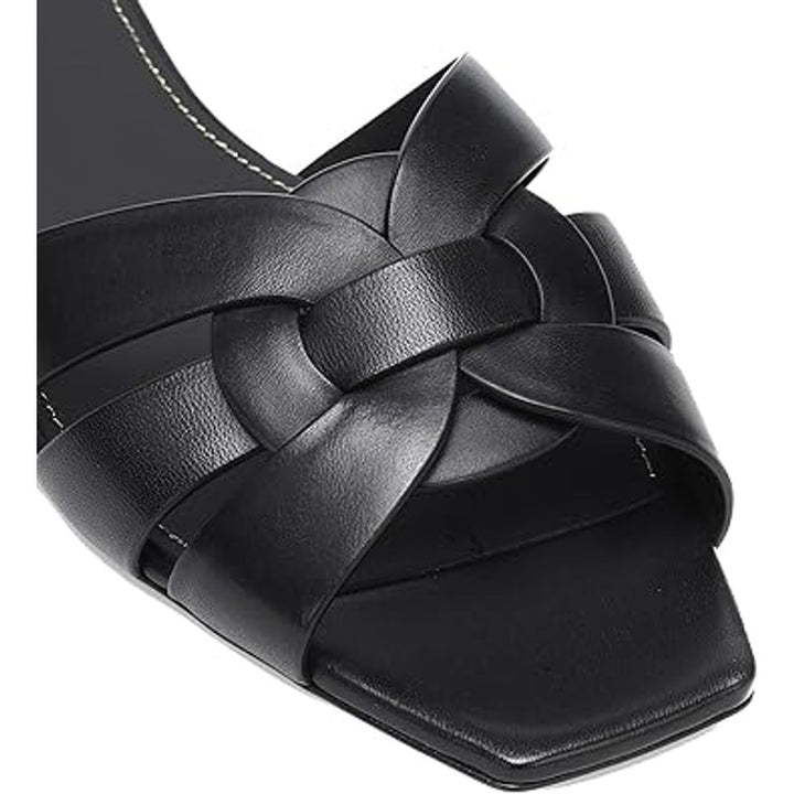Theshy Womens Size 8.5 Black Faux Leather Open Toe Slide On Flat Sandal Shoes