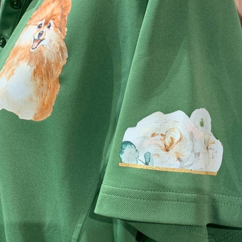 Hand Printed Upcycled Womens Medium Pomeranian Puppy Dog Polyester Polo Shirt