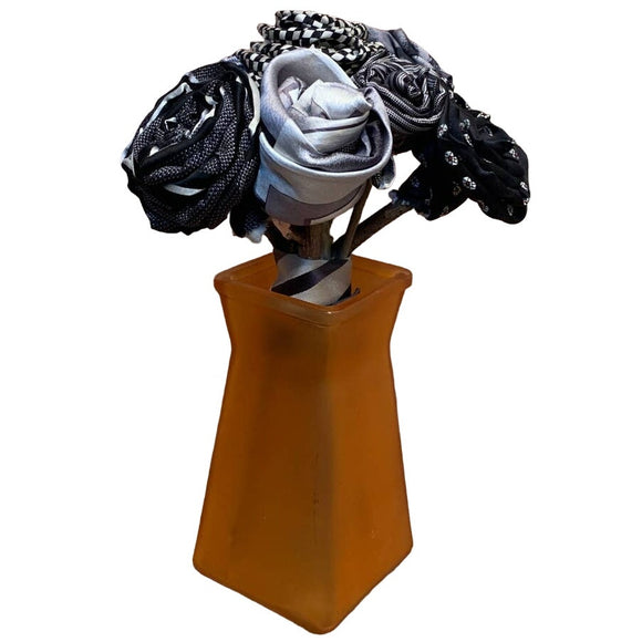 Handmade Upcycled Neck Tie Black White Orange Halloween Rose Bouquet Glass Vase