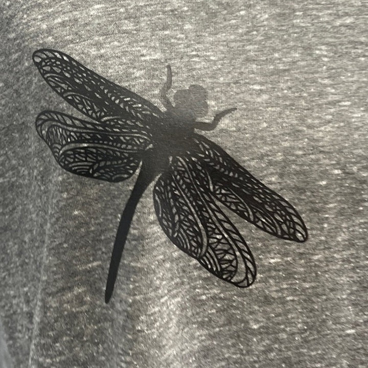 Hand Printed Upcycled Womens XL Dragonfly Short Sleeve V-Neck Short Sleeve Tee