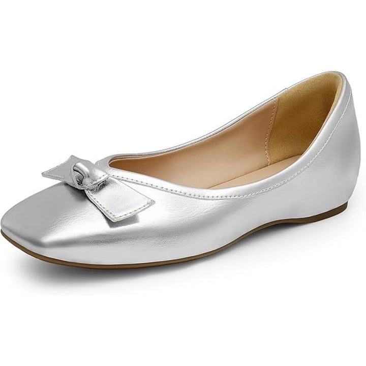 Dream Pairs Womens Size 7 Shiny Silver Bow Slip On Closed Toe Ballet Flats Shoes