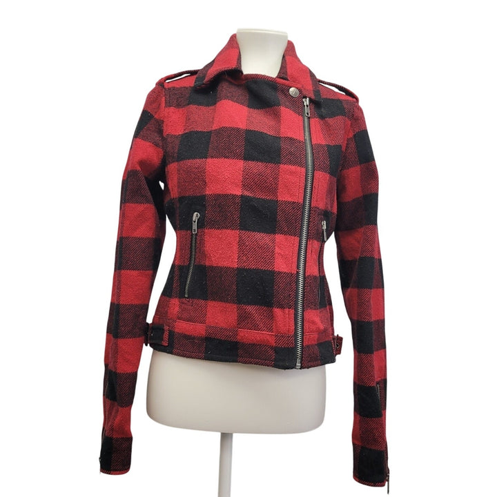 Fatal Charm Womens Medium Red Black Plaid Zip Up Warm Wool Blend Coat Jacket