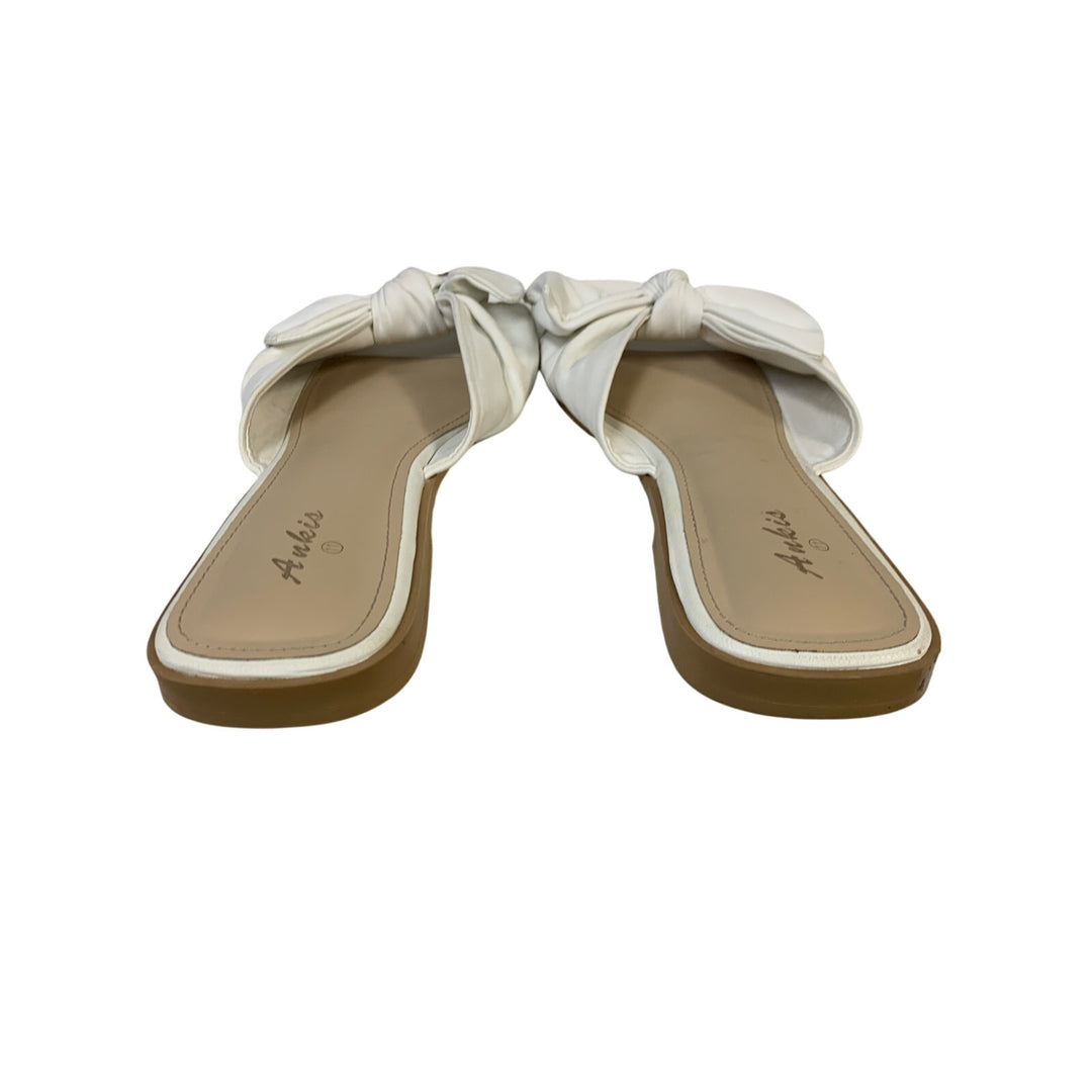 Ankis Womens Size 11 White Faux Leather Bow Flat Slip On Open Toe Sandal Shoes