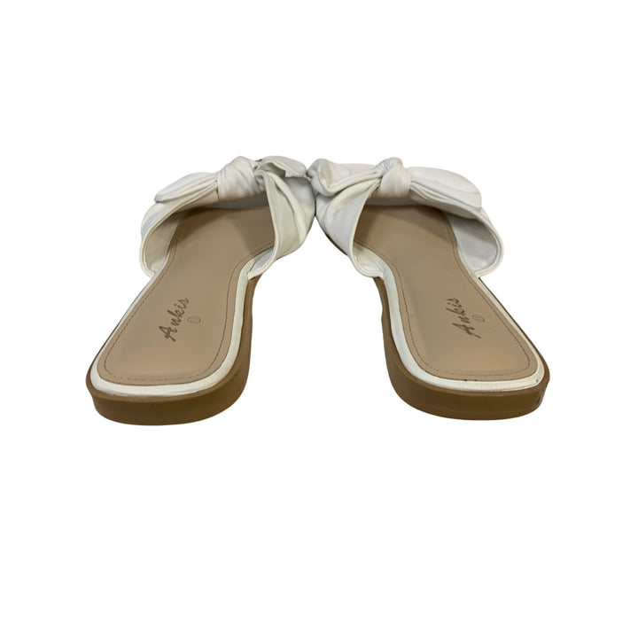 Ankis Womens Size 11 White Faux Leather Bow Flat Slip On Open Toe Sandal Shoes