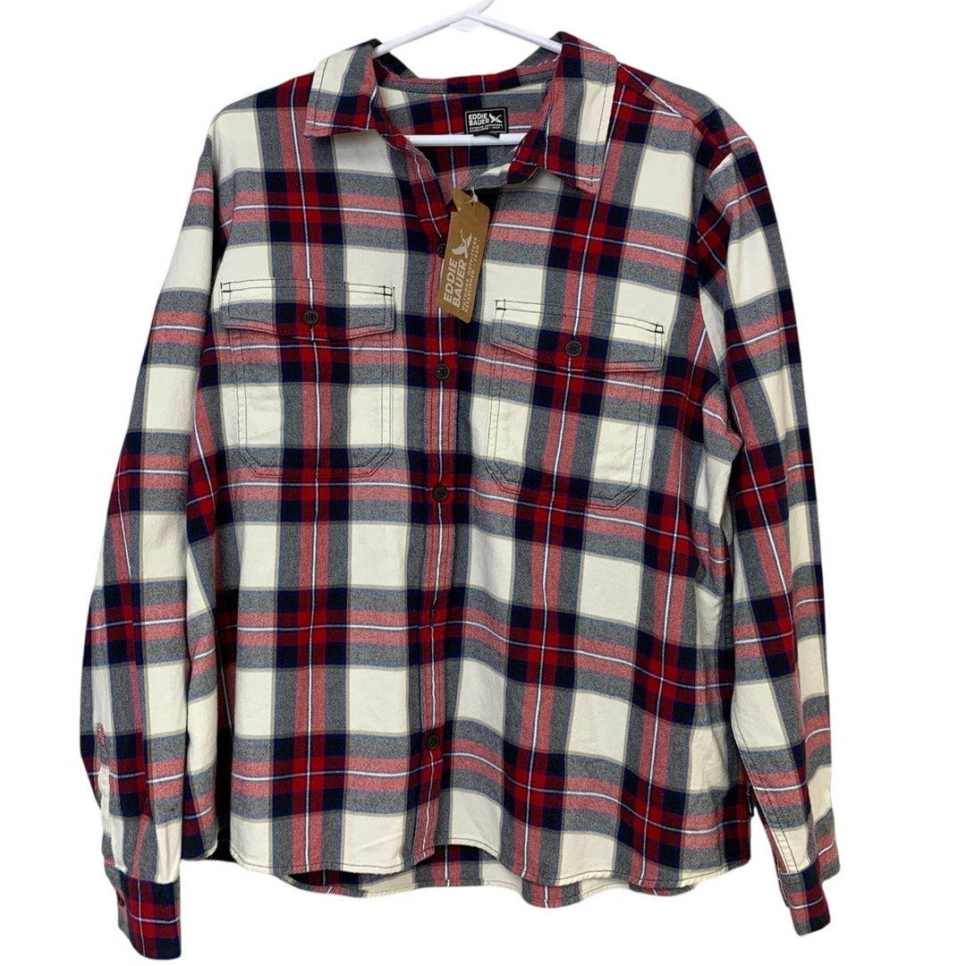 New Eddie Bauer Womens Stines Favorite Red Blue Plaid Flannel Long Sleeve Shirt