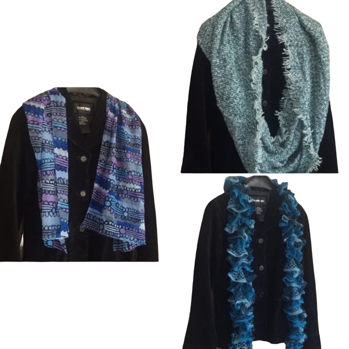 3 Blue Purple Green Infinity Silk Screen Print &amp; Knit Warm Winter Scarves Lot