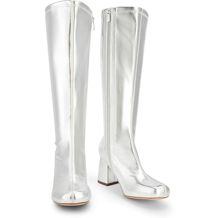 Dream Pairs Womens Size 6 Shiny Silver 3" Block Heel Zip Up Knee High Gogo Boots