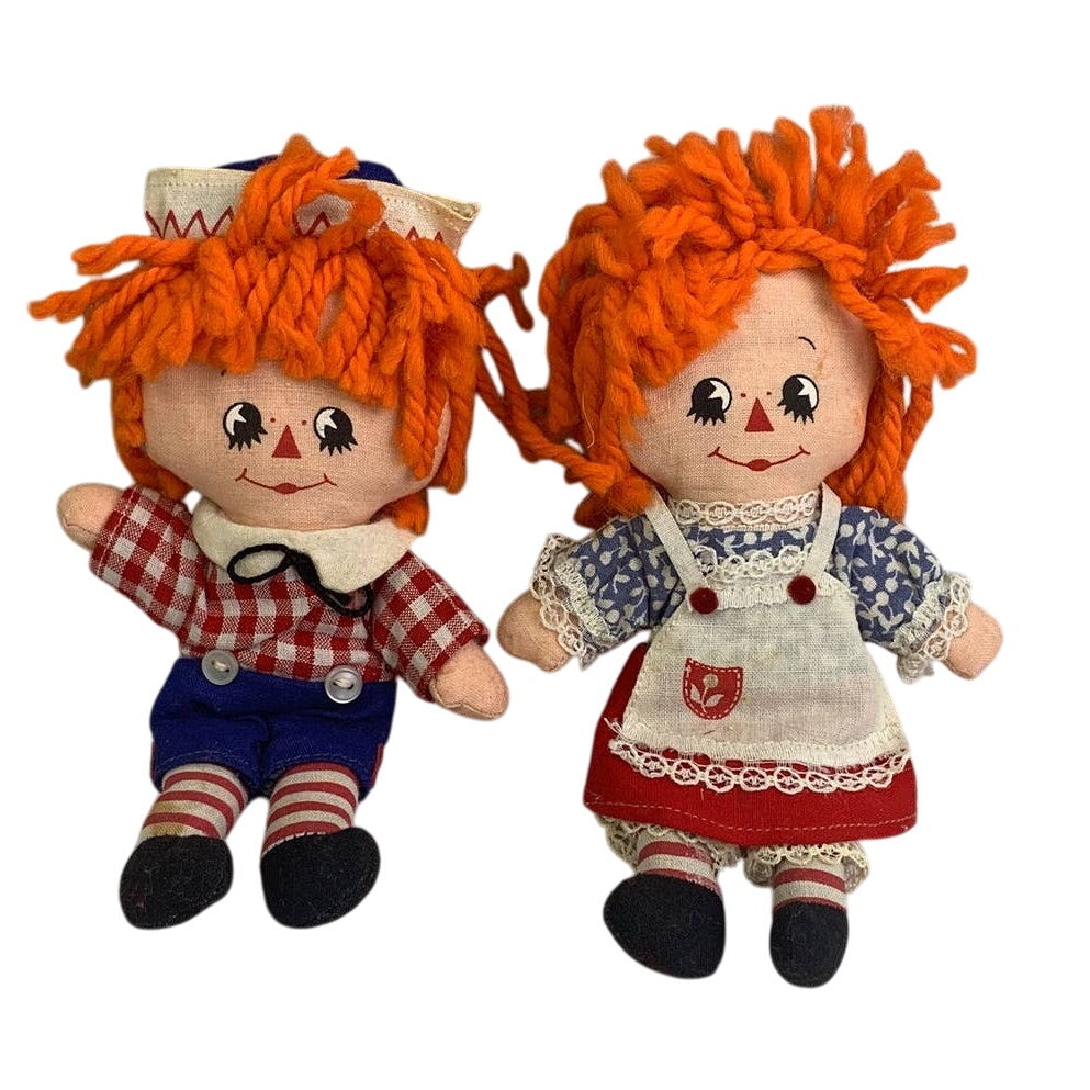 Vintage 1977 Raggedy Ann &amp; Andy Hallmark Cards Small Cloth Yarn Hair Dolls