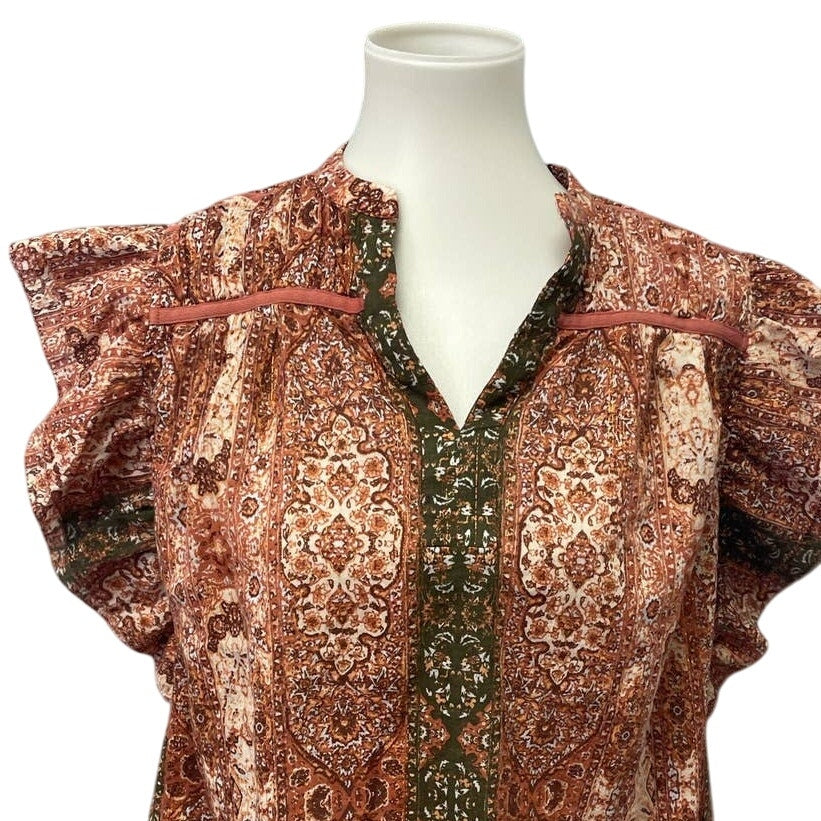 Good Hart Womens Medium Ruffled Cap Sleeve Boho Cotton Metallic V-Neck Blouse