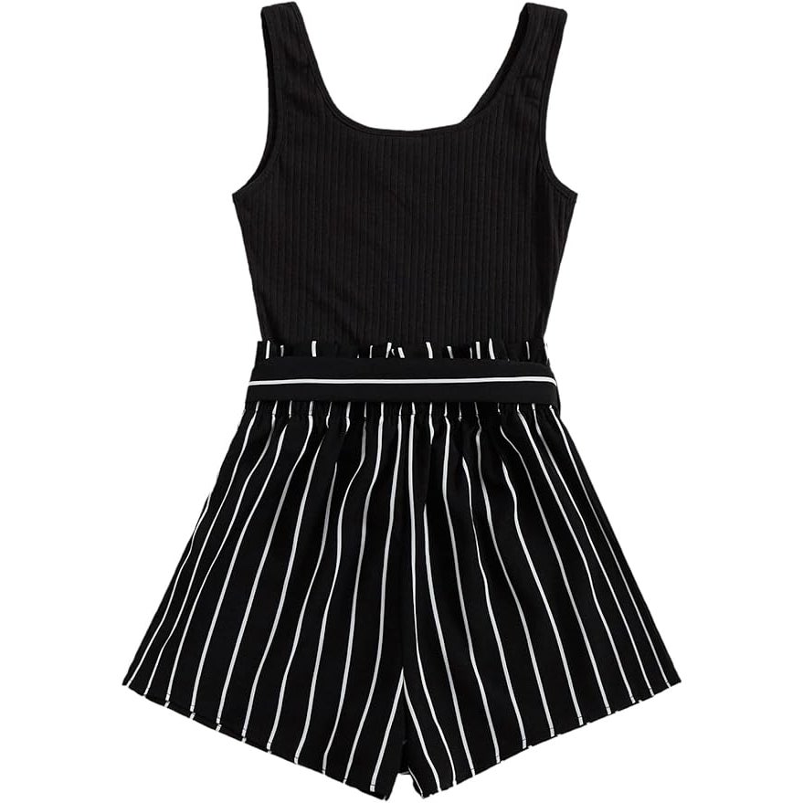 Soly Hux Womens Large 100% Polyester Sleeveless Ribbed Striped Belt Tie Romper