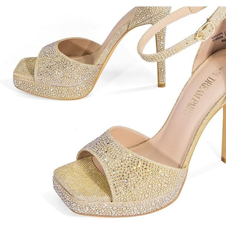 Dream Pairs Womens 6 Gold Rhinestone 4.5" Heel Peep Square Toe Ankle Strap Shoes