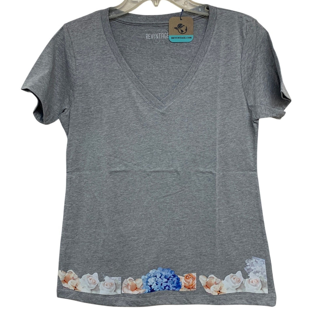 New Hand Printed Large Heathered Gray Floral Wrap Around Short Sleeve Tee Shirt