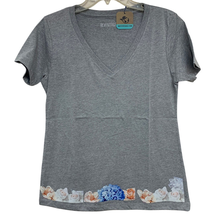 New Hand Printed Large Heathered Gray Floral Wrap Around Short Sleeve Tee Shirt
