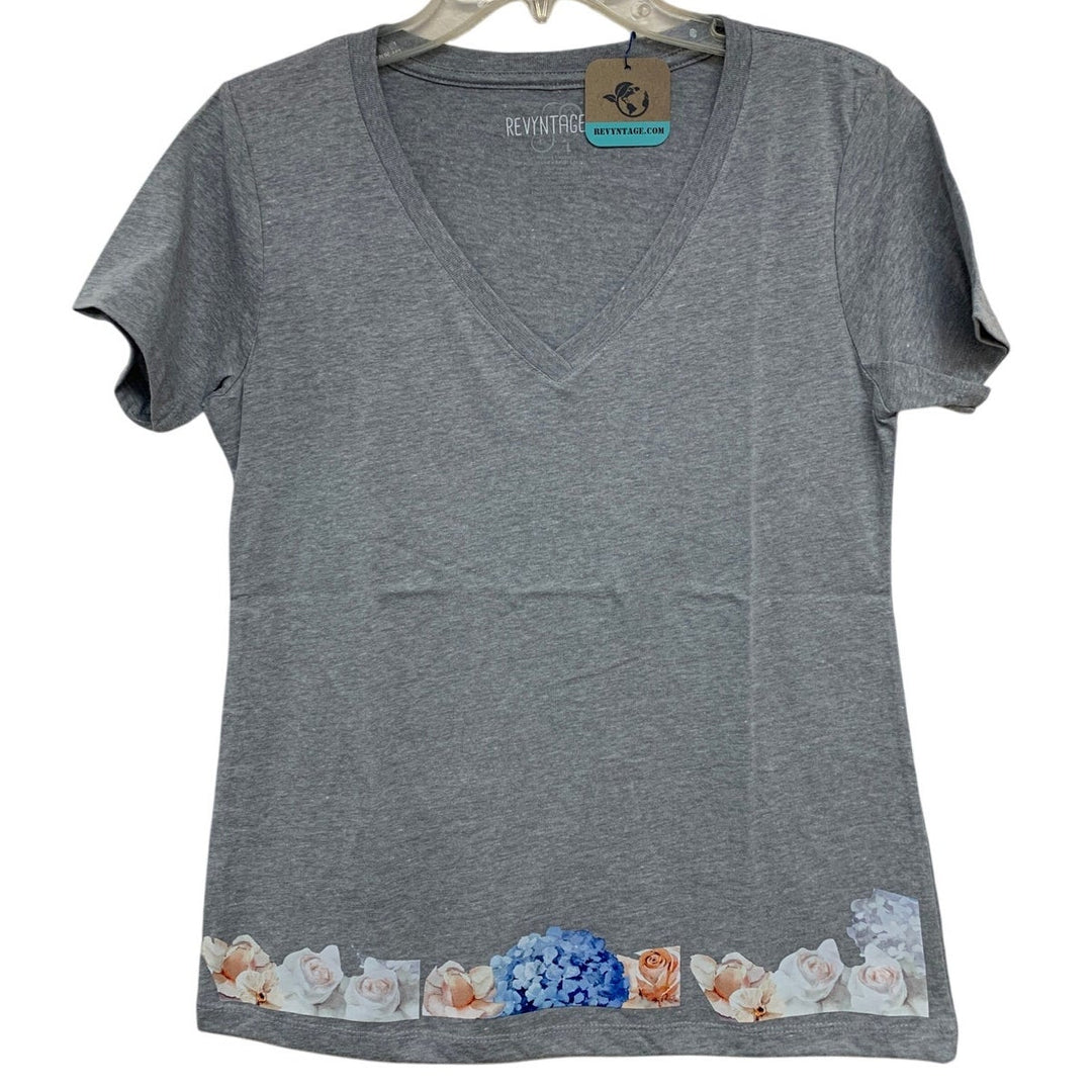 New Hand Printed Large Heathered Gray Floral Wrap Around Short Sleeve Tee Shirt