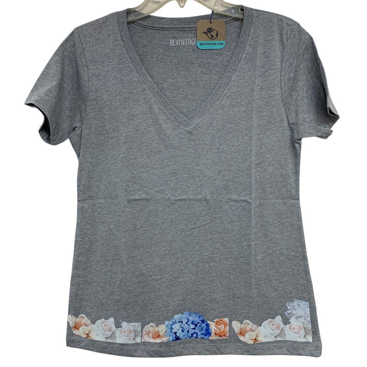 New Hand Printed Large Heathered Gray Floral Wrap Around Short Sleeve Tee Shirt