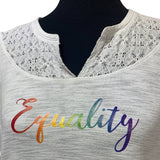 Hand Printed Upcycled Womens XL Equality Rainbow Pride 3/4 Sleeve V-Neck Tee