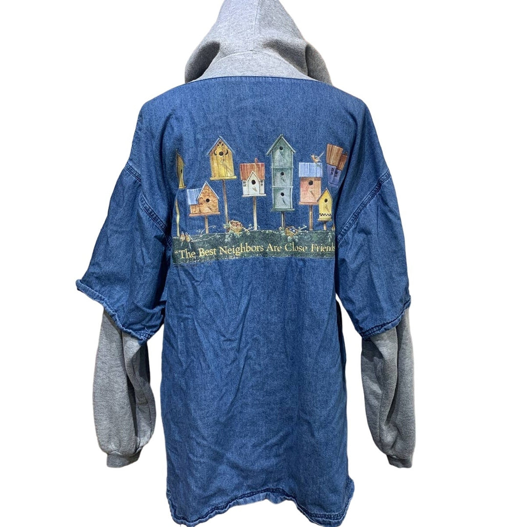 Warm Birdhouse Friends XL Womens Hoodie Sweatshirt Denim Button Up Shirt Combo