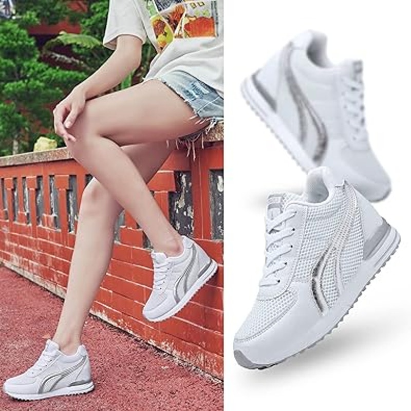 Aonegold Womens Size 6.5 White SIlver High Top Lace Up Hidden Heel Sneaker Shoes