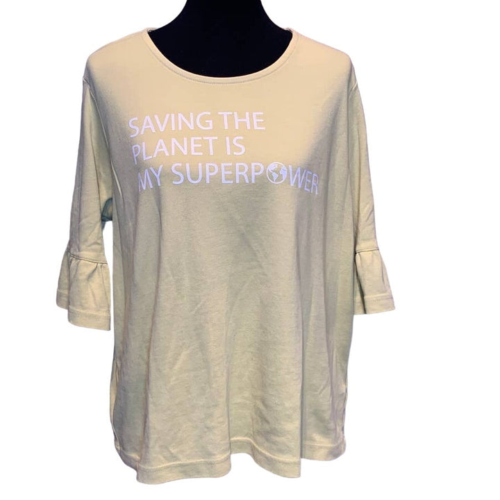 Handmade Upcycled Womens XL Saving Planet My Superpower Ruffled 3/4 Sleeve Top