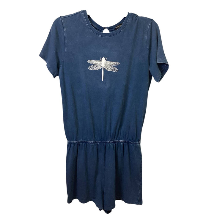 Hand Printed Upcycled Small Dragonfly Short Sleeve Factory Distressed  Romper