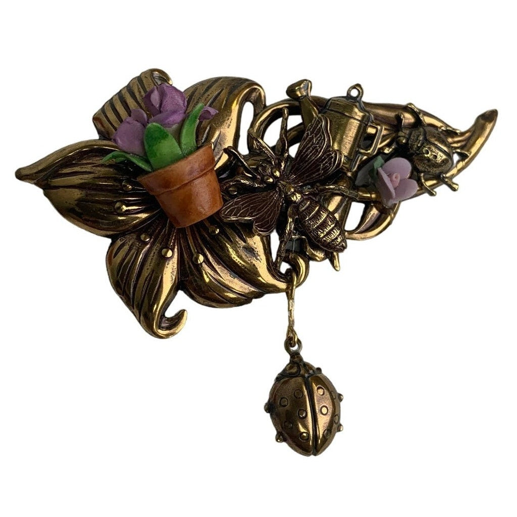 Vintage Ladybug Gardening Ceramic Flower Pot Violet Metal Pin Brooch w Gift Box