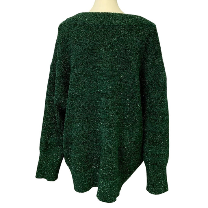 Ava &amp; Viv 1X Metallic Green Deep V Long Sleeve Polyester Knit Hi Low Sweater