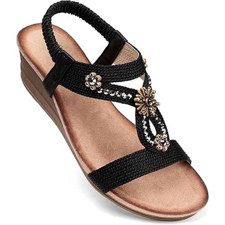 Shibever Womens 8.5 Black Tan Beaded OpenToe 2" Wedge Elastic Strap Sandal Shoes