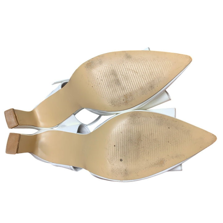 Geluboao Womens Size 7.5 White Faux Leather 3.5" Heel Closed Toe Bow Pump Shoes