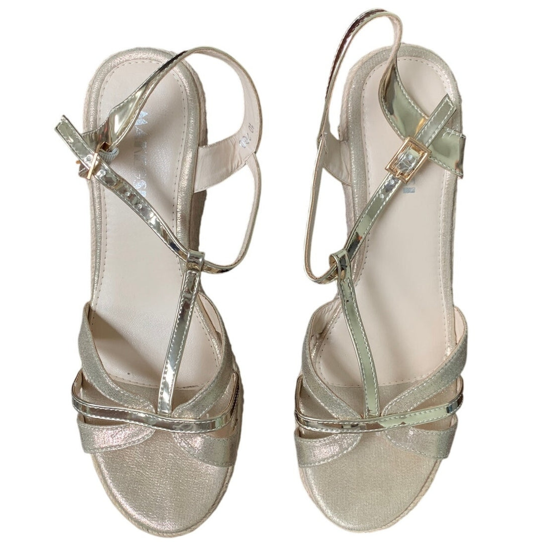 Makegsi Womens Size 10 Shiny Gold 4" Espadrille Wedge Heel Open Toe Sandal Shoes