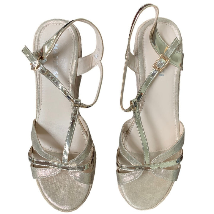 Makegsi Womens Size 10 Shiny Gold 4" Espadrille Wedge Heel Open Toe Sandal Shoes
