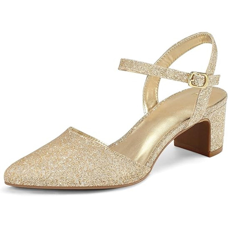 New Mysoft Womens 10 Gold Glitter Pointy Toe 2.5" Block Heel Ankle Strap Shoes
