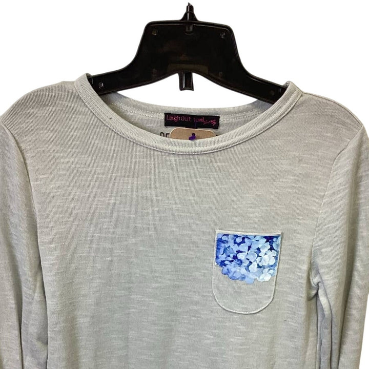 Upcycled Hand Printed Girls Small Long Sleeve Hydrangea Pocket Sweater Shirt
