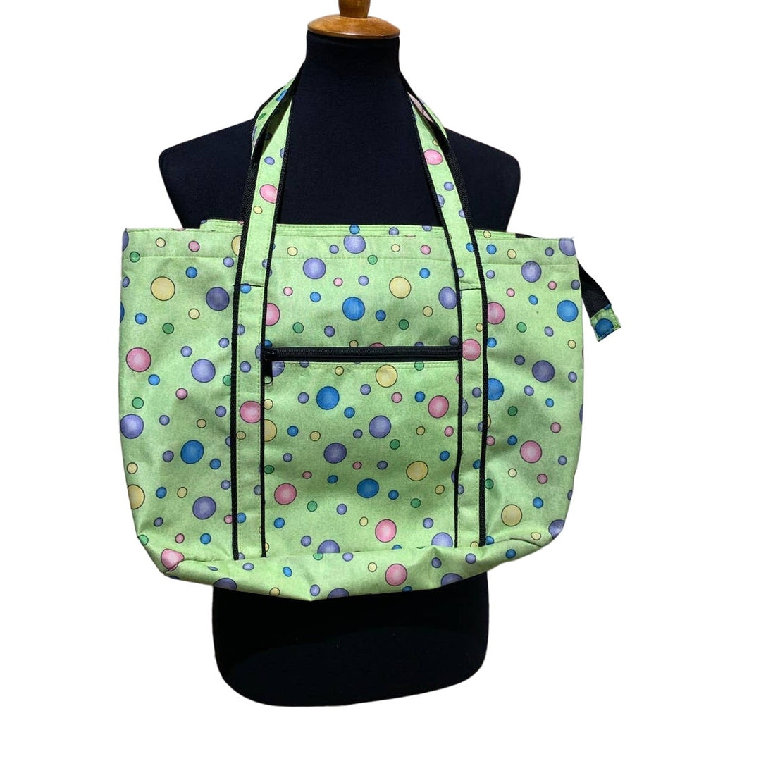 Green Pink Blue Polka Dot Vinyl Blend Wipeable Shoulder Full Zip Tote Bag