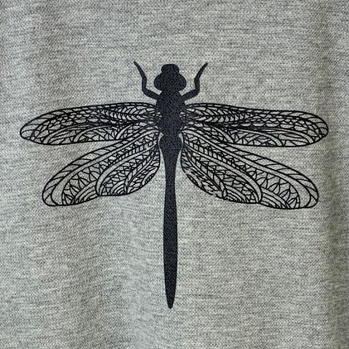 Upcycled Hand Printed Mens Medium Gray Heather Dragonfly Long Sleeve Sweatshirt