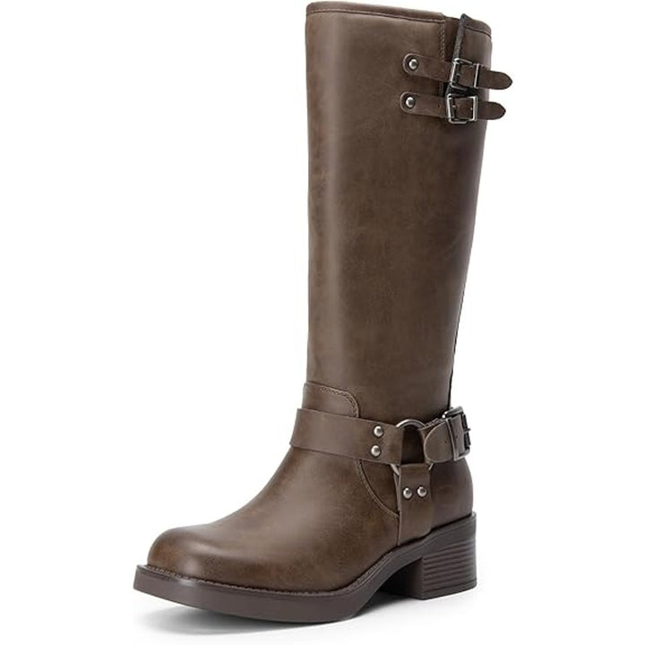 Dream Pairs Womens Size 8 Brown Faux Leather 2" Block Heel Knee High Moto Boots
