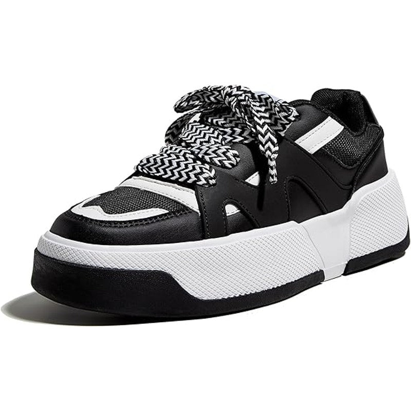 Lucky Step Womens Size 8.5 Black Thick Sole Faux Leather Retro Platform Sneakers