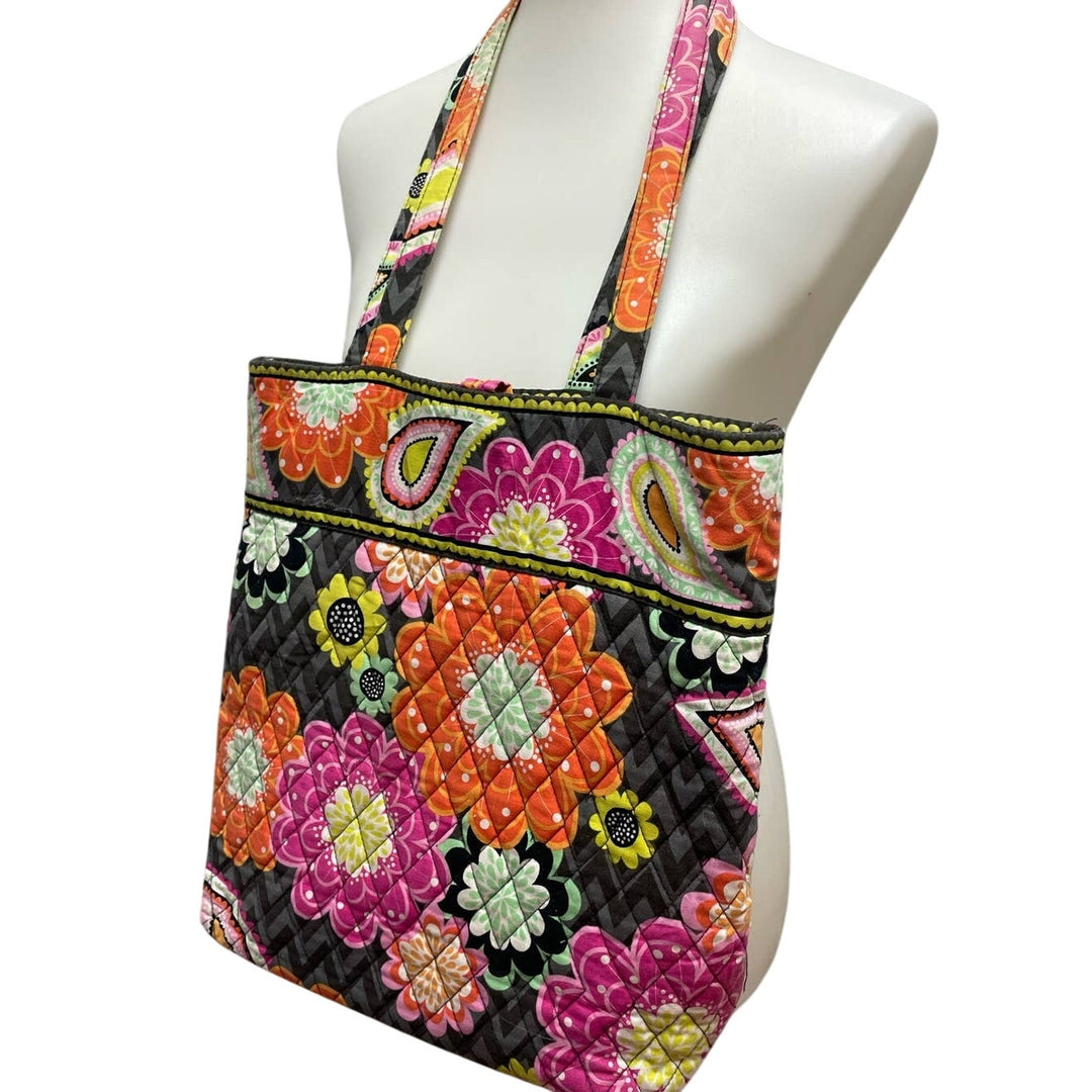 Vera Bradley Gray Pink Yellow Floral Quilted Fabric Handbag Purse Inside Pockets
