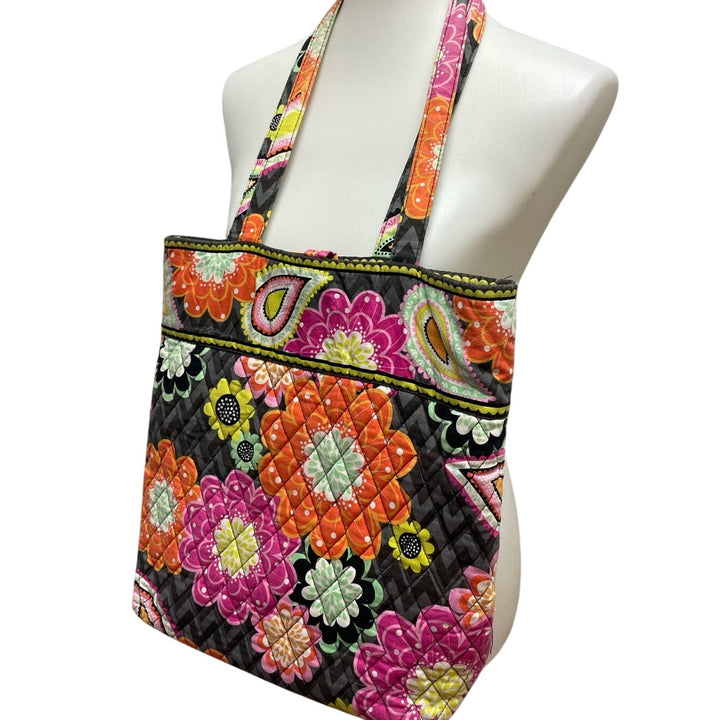 Vera Bradley Gray Pink Yellow Floral Quilted Fabric Handbag Purse Inside Pockets