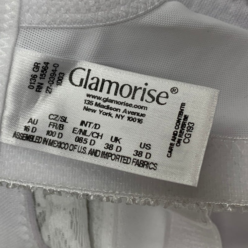 Glamorise Womens Size 38D White Unlined 3 Hook Wire Free Lace Thin Strap Bra