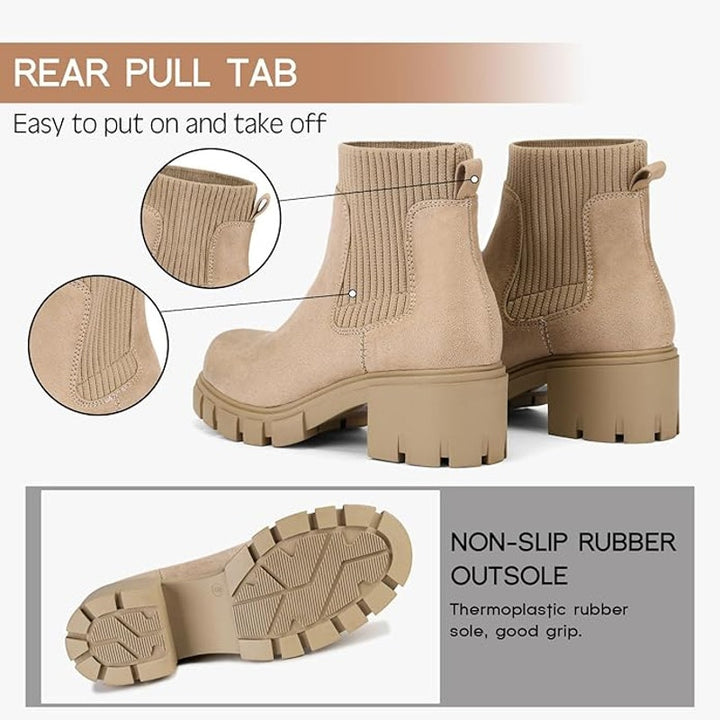 Fitory Womens 8.5 Tan Faux Suede Elastic Ankle Booties Lug Sole Chelsea Boots