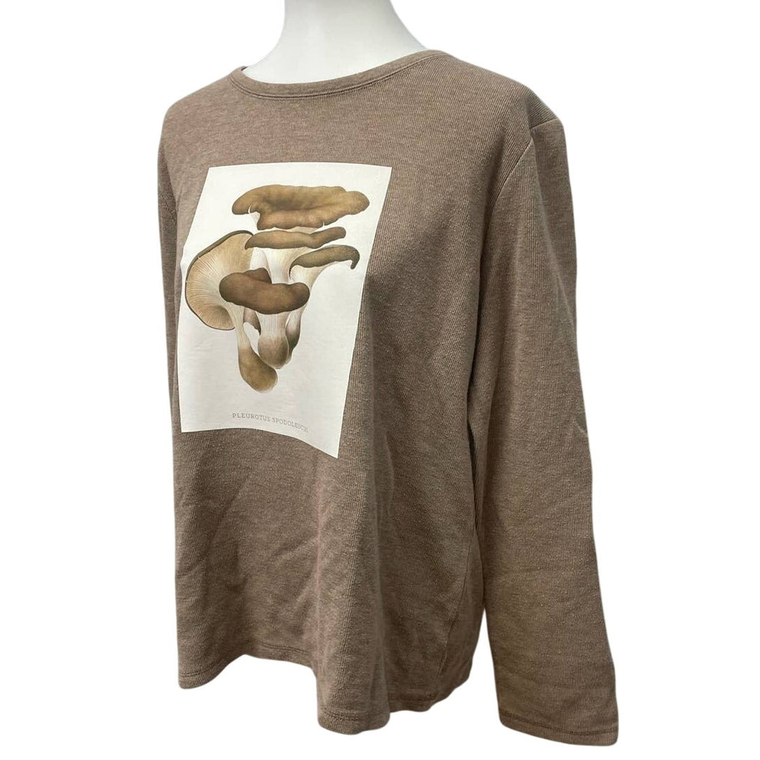 Hand Printed Upcycled XL Pleurotus Spodoleucus Oyster Mushroom Long Sleeve Shirt