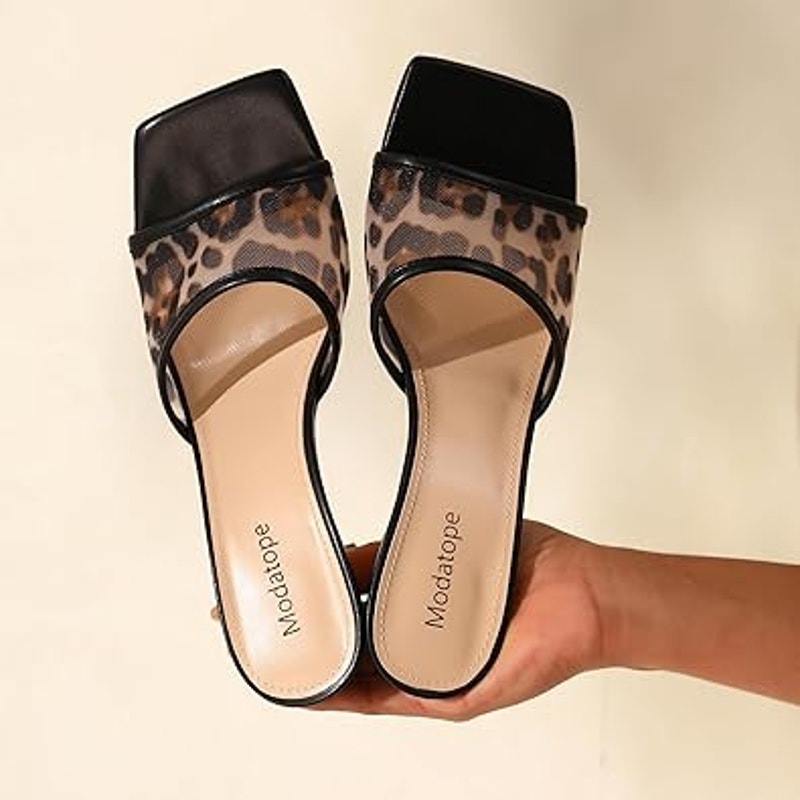 Modatope Womens Size 6 Black Leopard Mesh Open Toe 3" Heel Slide On Sandal Shoes