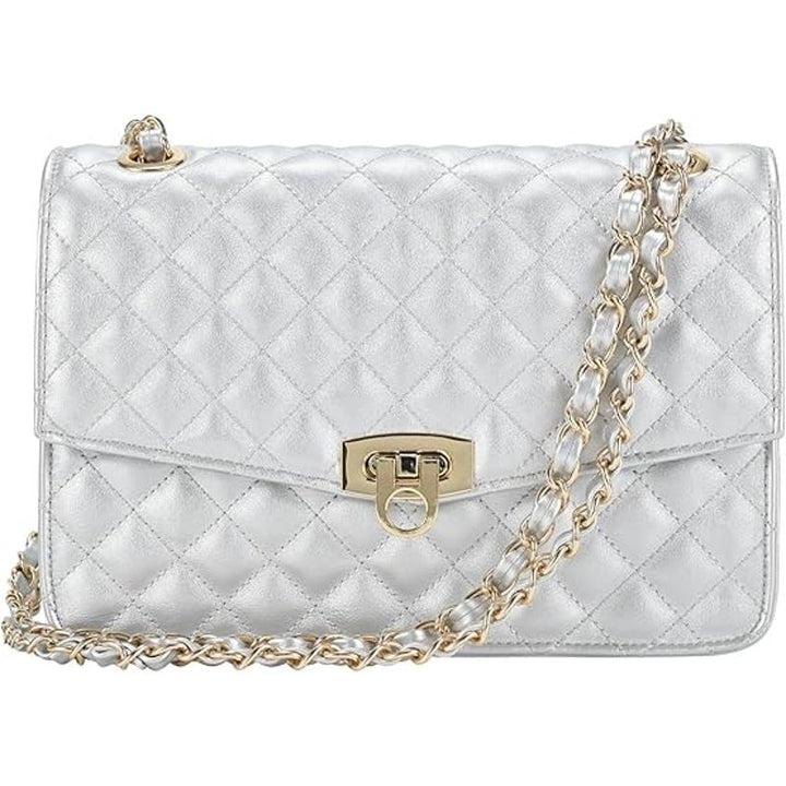 New GM LIKKIE Shiny Silver Quilted Double Handle Adjustable Strap Shoulder Bag